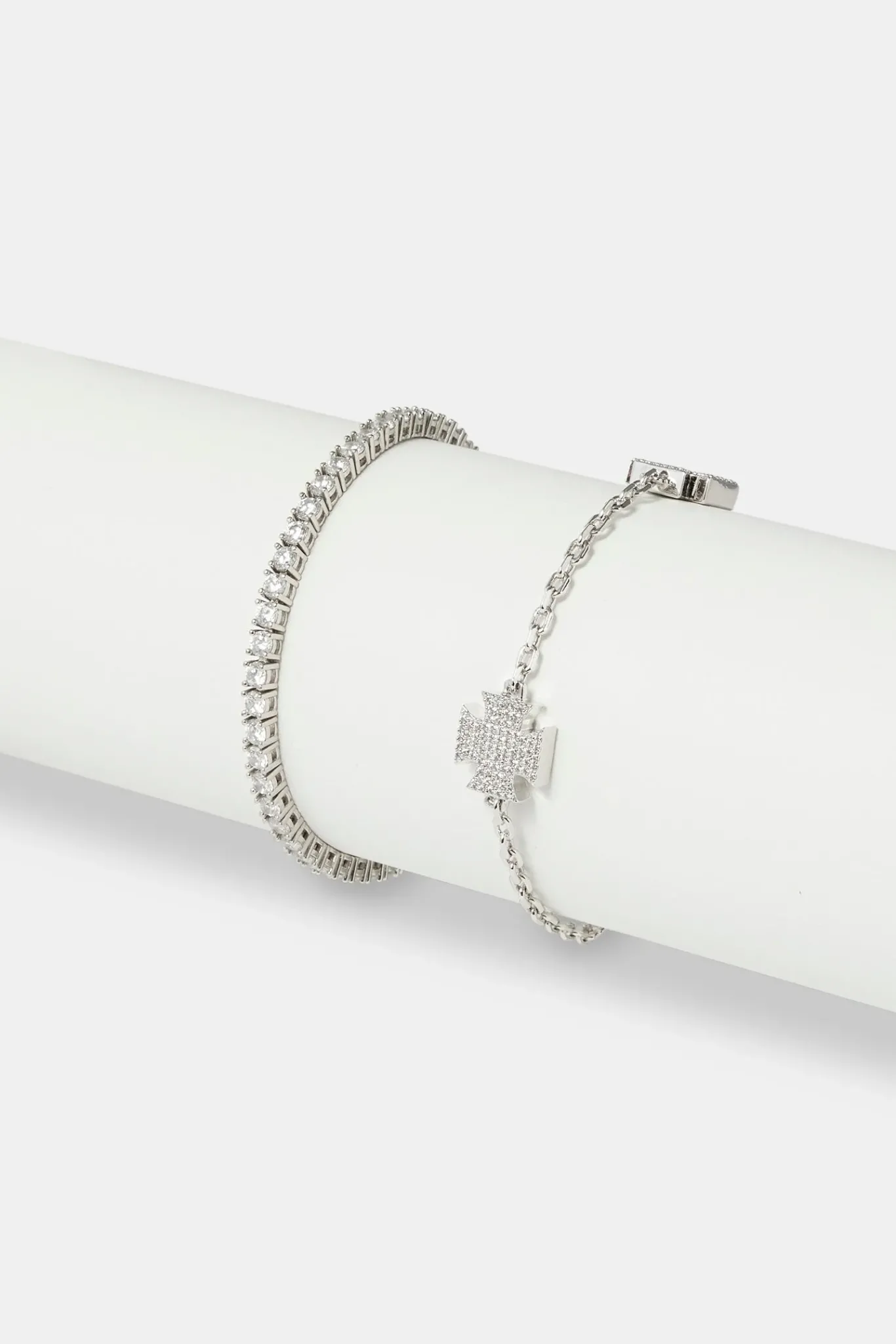 JWL-BUND Iced Cross Motif Bracelet & 3mm Tennis Bracelet - White