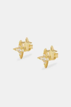 Women JWL-EAR Iced Double Star Stud Earrings - 14mm - Gold