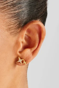 Women JWL-EAR Iced Double Star Stud Earrings - 14mm - Gold
