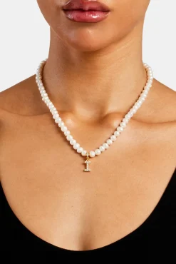 Women JWL-PEND Iced Initial Clip On Pendant + 6mm Pearl Chain