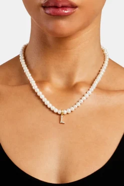 Women JWL-PEND Iced Initial Clip On Pendant + 6mm Pearl Chain