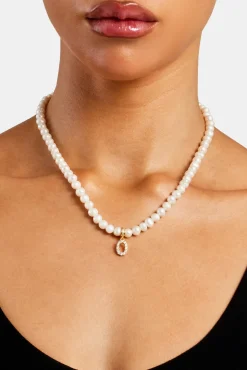 Women JWL-PEND Iced Initial Clip On Pendant + 6mm Pearl Chain