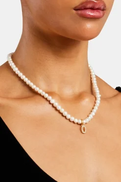 Women JWL-PEND Iced Initial Clip On Pendant + 6mm Pearl Chain