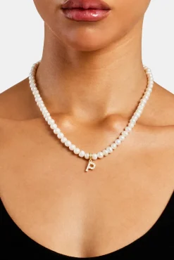 Women JWL-PEND Iced Initial Clip On Pendant + 6mm Pearl Chain