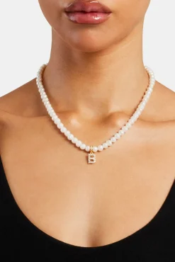 Women JWL-PEND Iced Initial Clip On Pendant + 6mm Pearl Chain