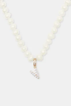 Women JWL-PEND Iced Initial Clip On Pendant + 6mm Pearl Chain