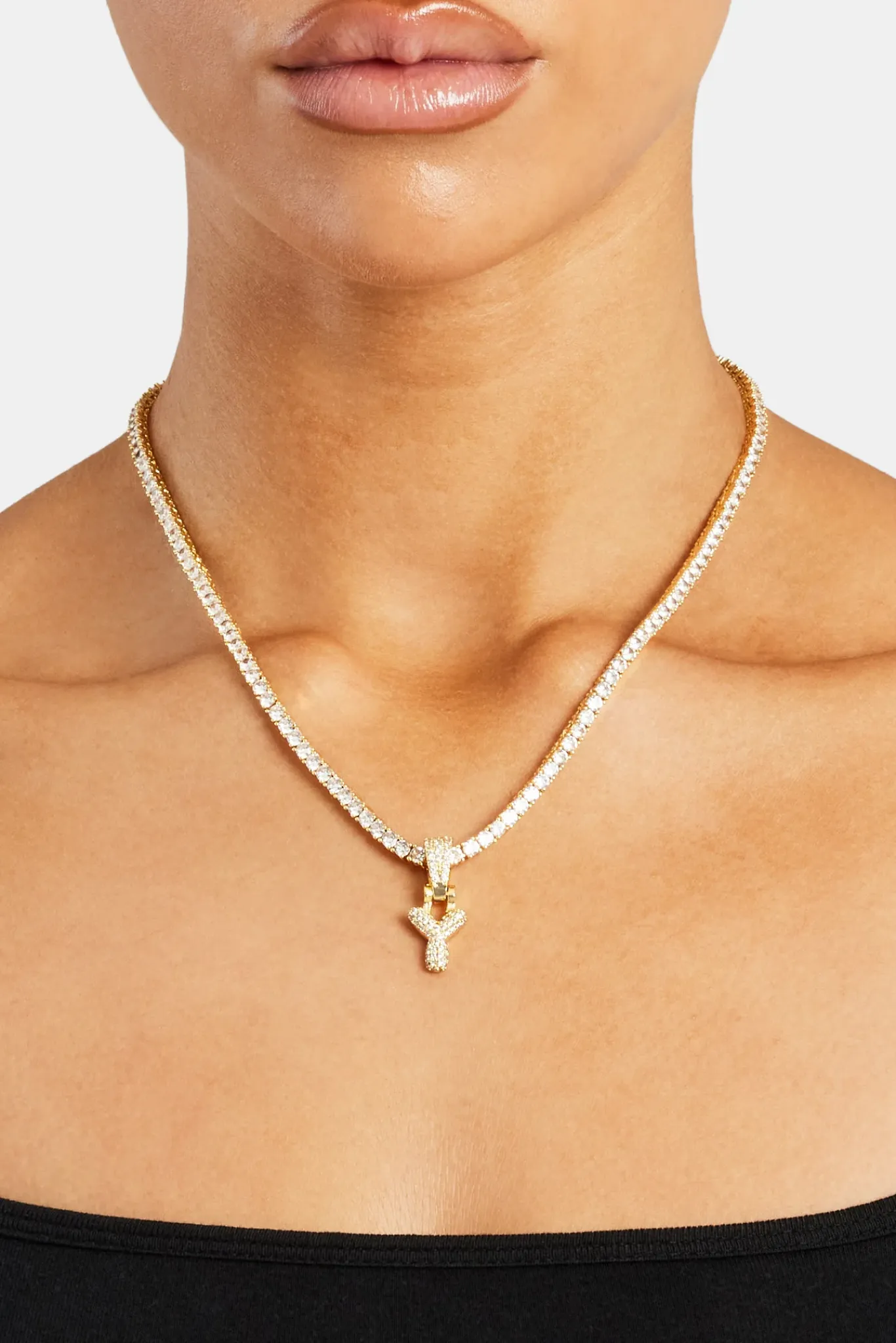 Women JWL-PEND Iced Mini Bubble Pendant & Tennis Chain - Gold 3mm