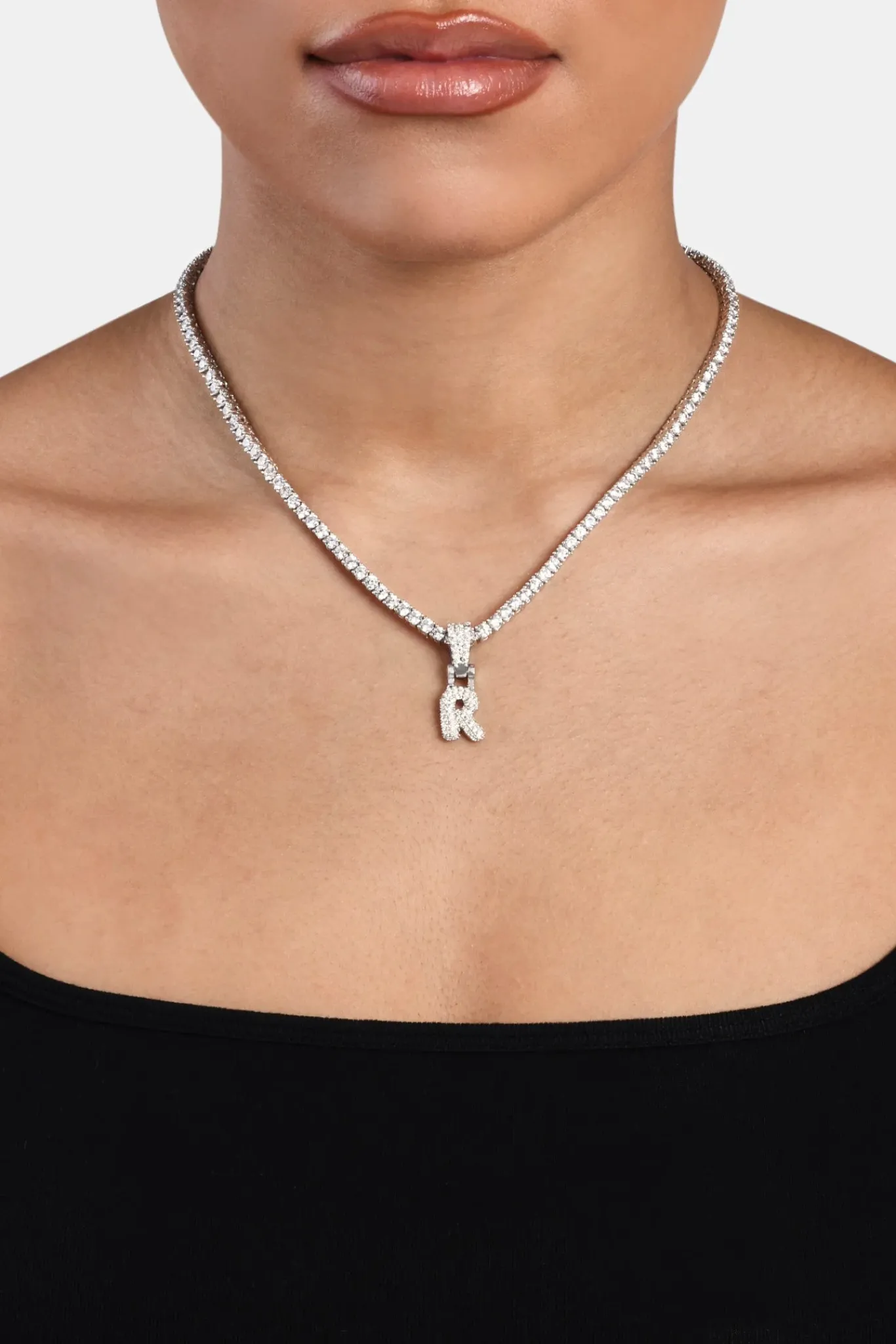 Women JWL-PEND Iced Mini Bubble Pendant & Tennis Chain - White 3mm