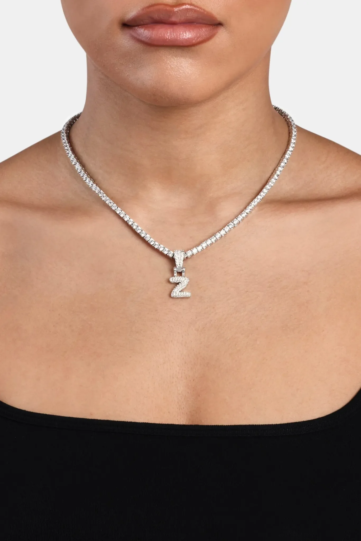 Women JWL-PEND Iced Mini Bubble Pendant & Tennis Chain - White 3mm