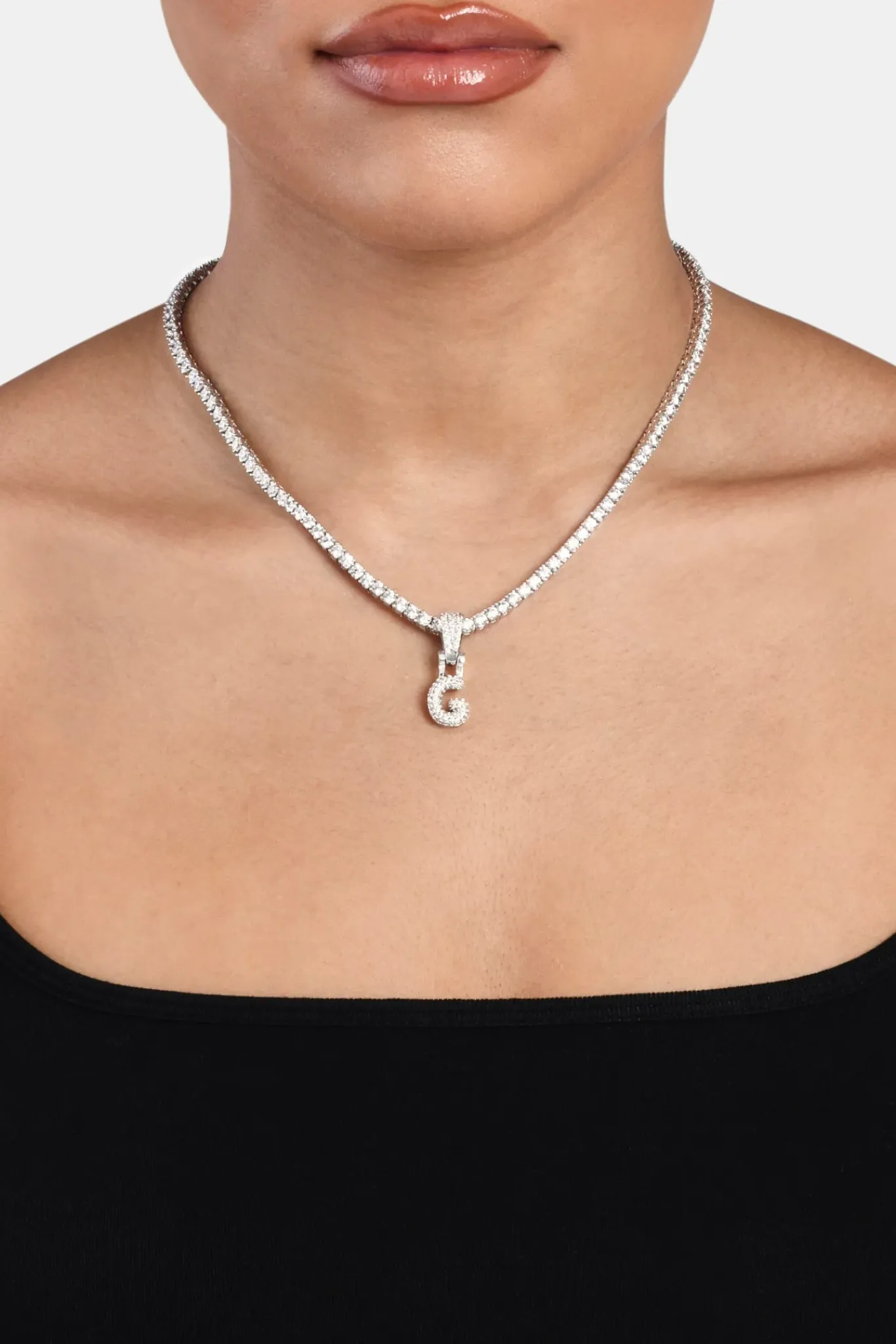 Women JWL-PEND Iced Mini Bubble Pendant & Tennis Chain - White 3mm