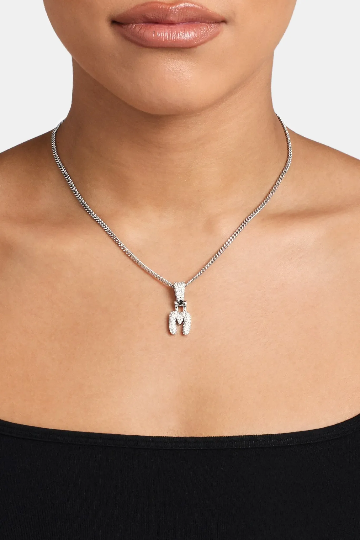 Women JWL-PEND Iced Mini Bubble Pendant & Micro Cuban Chain - White