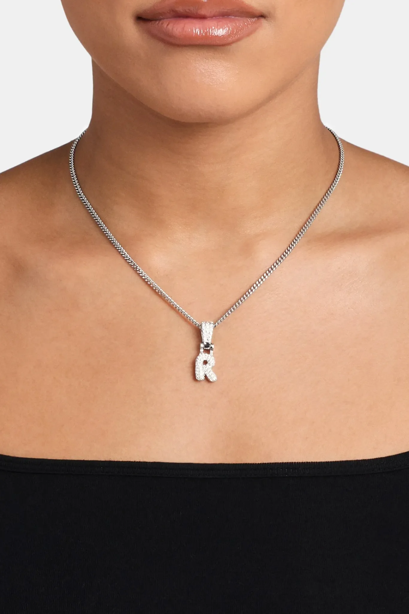 Women JWL-PEND Iced Mini Bubble Pendant & Micro Cuban Chain - White