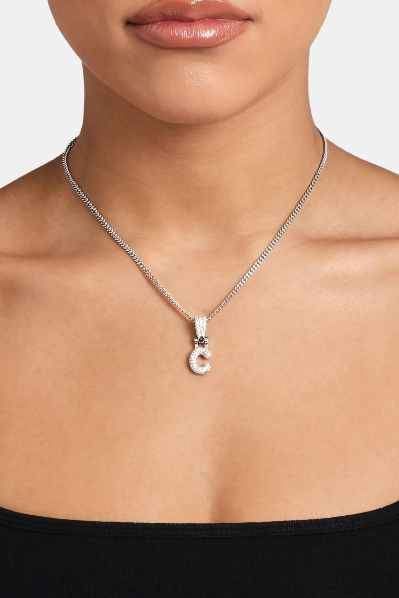 Women JWL-PEND Iced Mini Bubble Pendant & Micro Cuban Chain - White