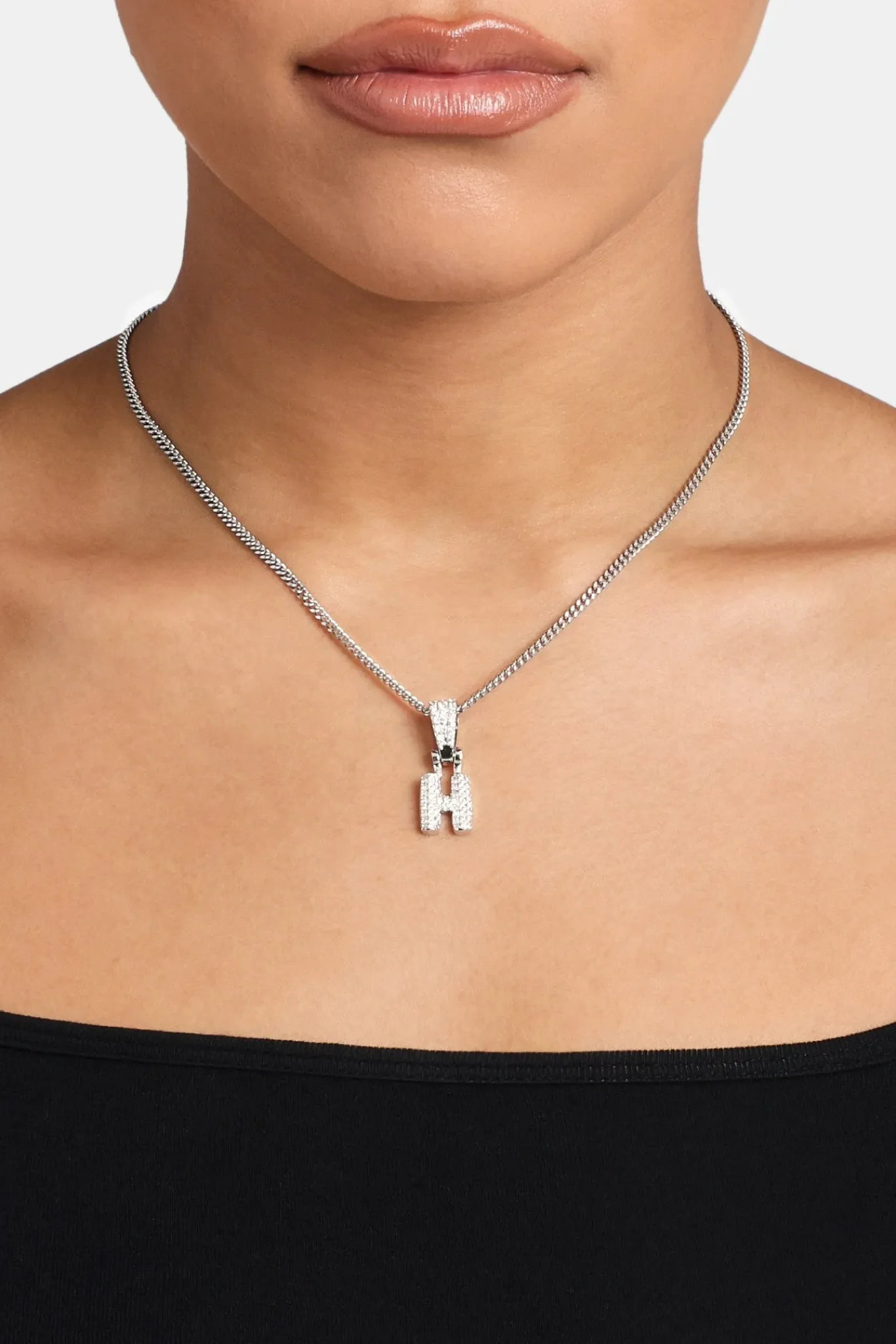 Women JWL-PEND Iced Mini Bubble Pendant & Micro Cuban Chain - White