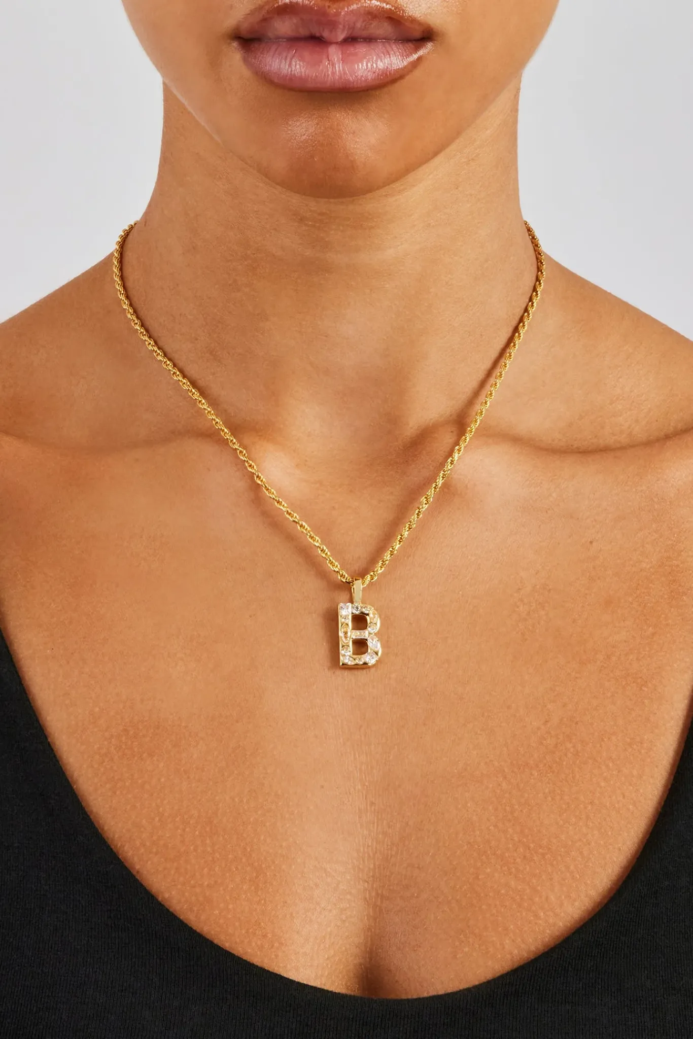Women JWL-PEND Iced Mixed Stone Letter Pendant & Rope Chain