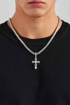 JWL-PEND Iced Multi Colour Stone Cross Pendant & 5mm Tennis Chain