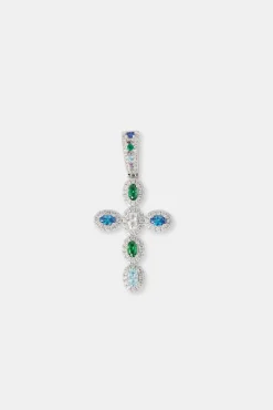 JWL-PEND Iced Multi Colour Stone Cross Pendant & 5mm Tennis Chain