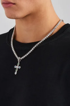 JWL-PEND Iced Multi Colour Stone Cross Pendant & 5mm Tennis Chain
