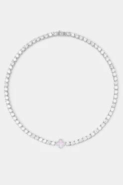 Women JWL-CHN Iced Pink Motif Charm Tennis Chain - White 5mm