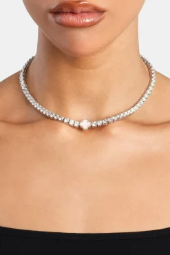 Women JWL-CHN Iced Pink Motif Charm Tennis Chain - White 5mm