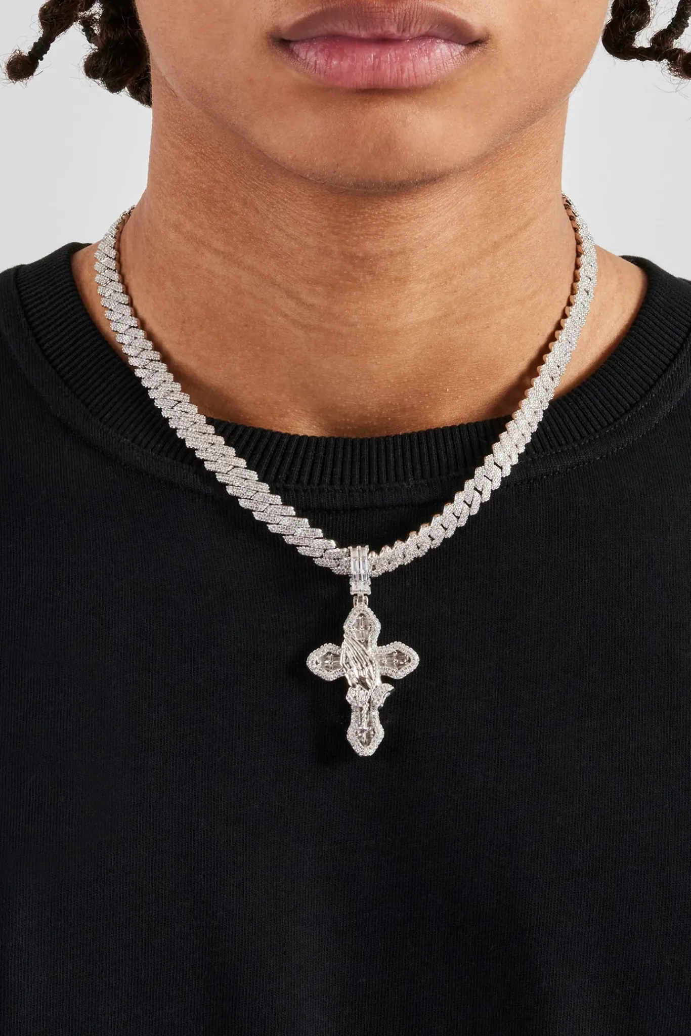 JWL-NECK Iced Prayer Hand Cross Pendant