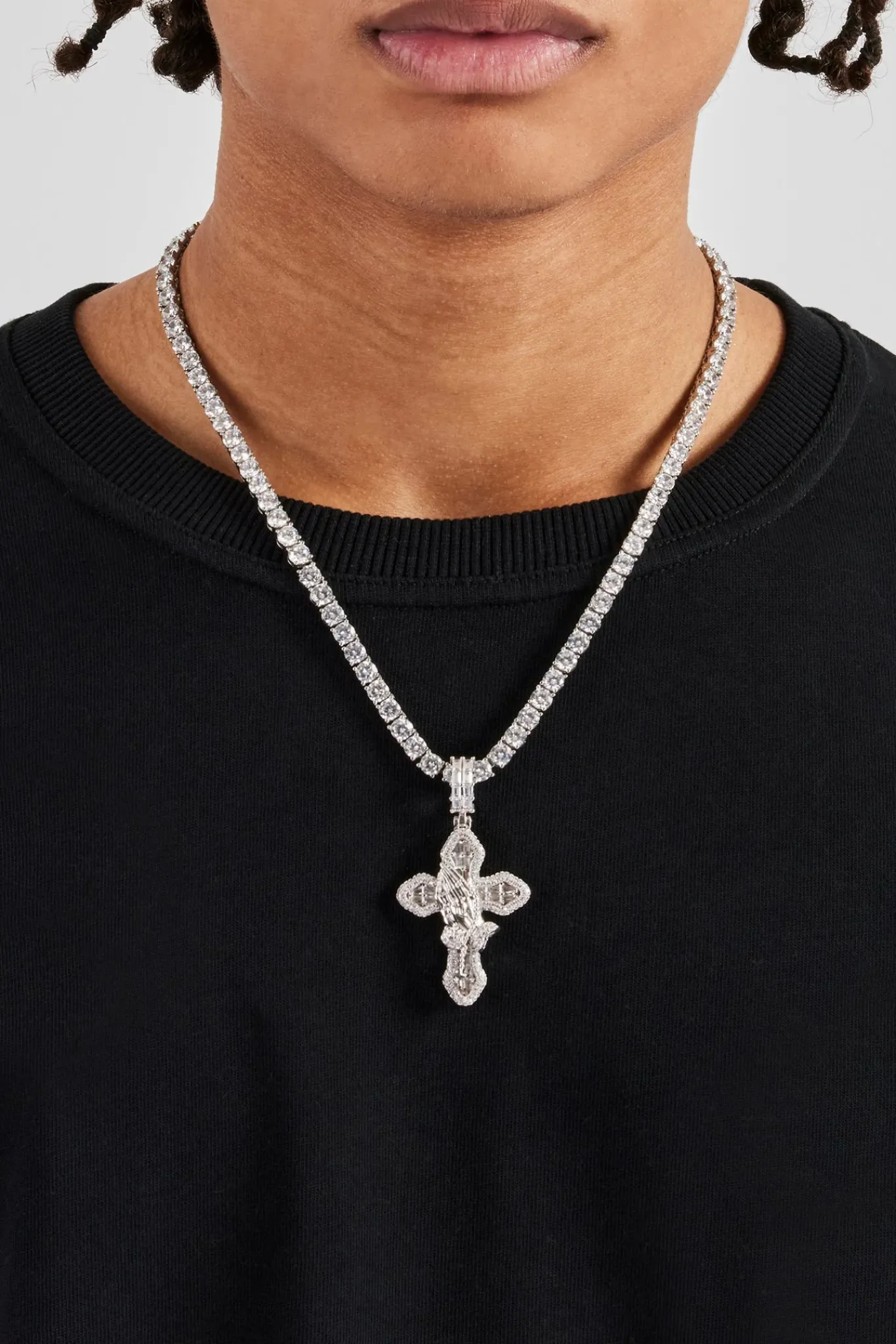 JWL-NECK Iced Prayer Hand Cross Pendant