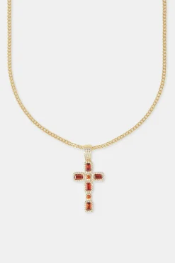 Women JWL-PEND Iced Red Gemstone Cross Cuban Necklace - 40mm