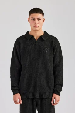CLO-TOP-HS-SWE-KTW Knit Collared Sweat - Black