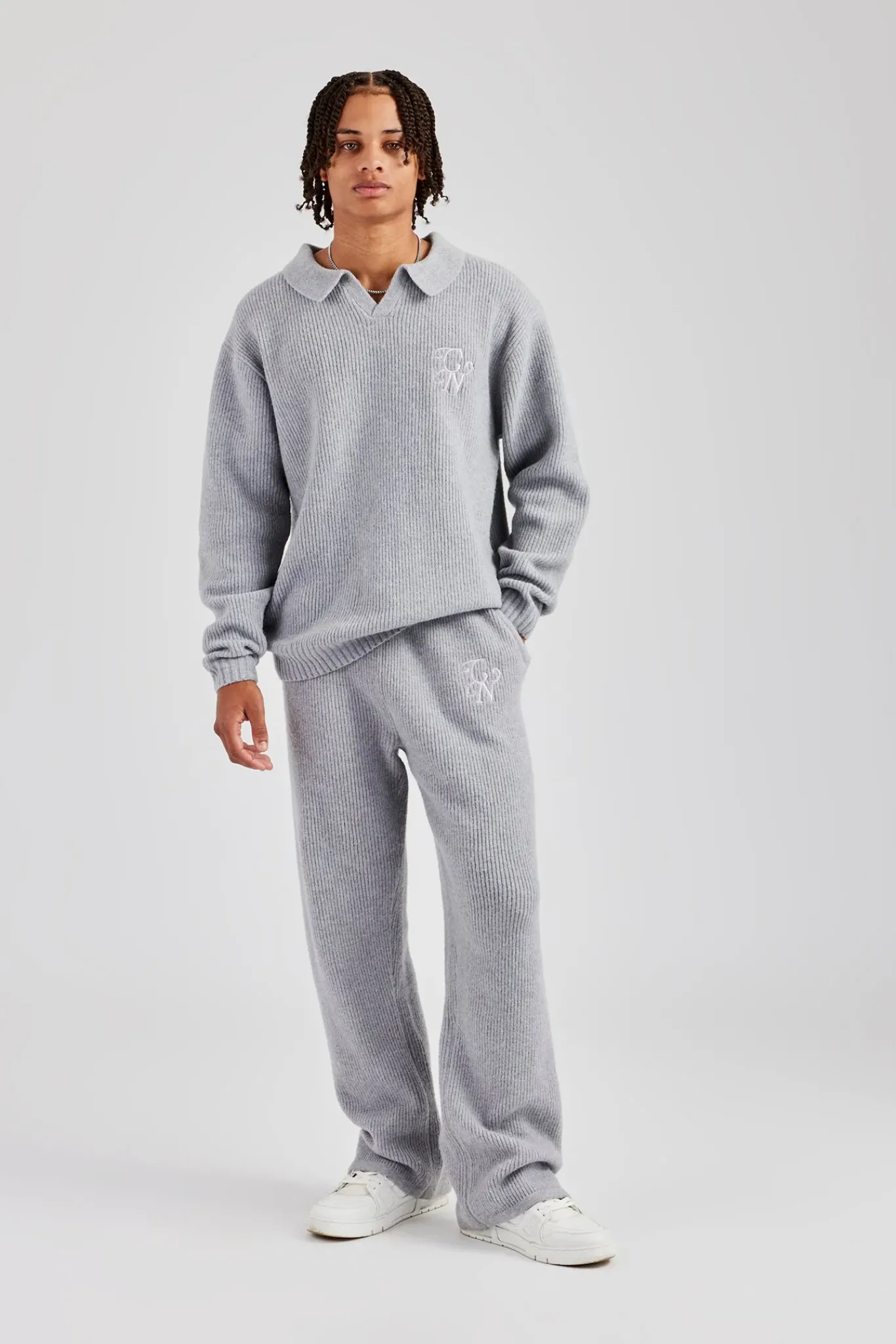 CLO-SET-KTW Knit Collared Sweat & Jogger Set - Grey