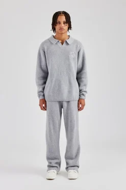 CLO-SET-KTW Knit Collared Sweat & Jogger Set - Grey