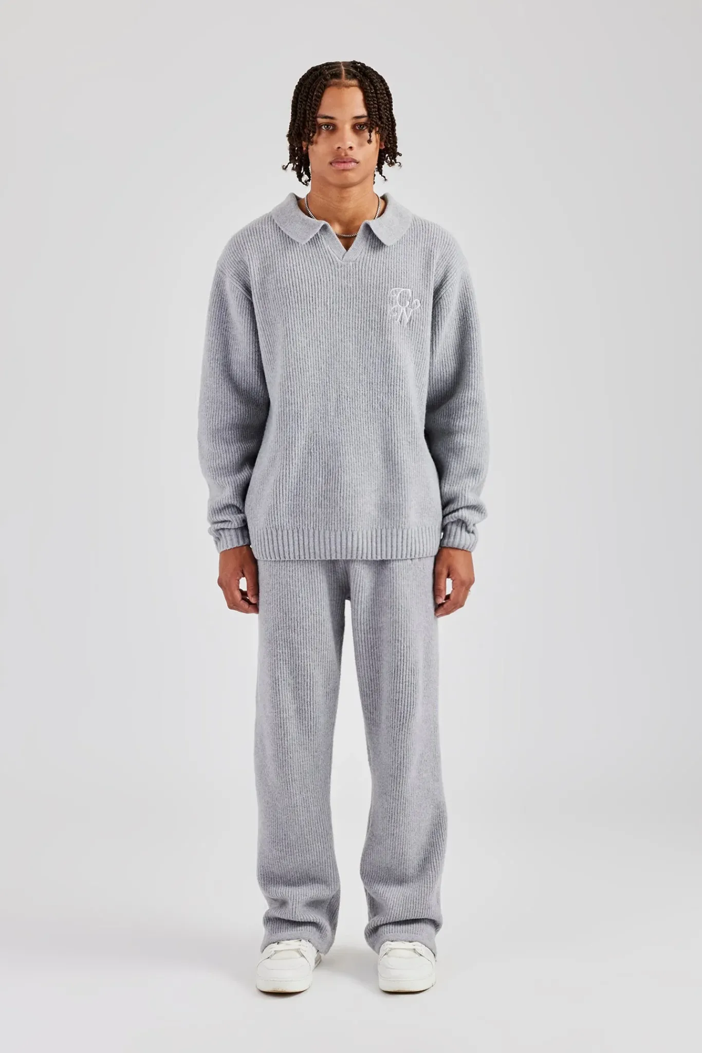 CLO-SET-KTW Knit Collared Sweat & Jogger Set - Grey