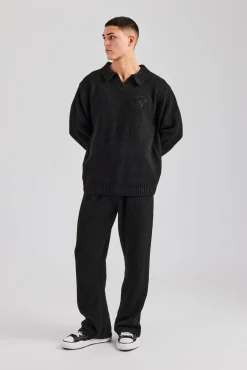 CLO-SET-KTW Knit Collared Sweat & Split Hem Jogger - Black