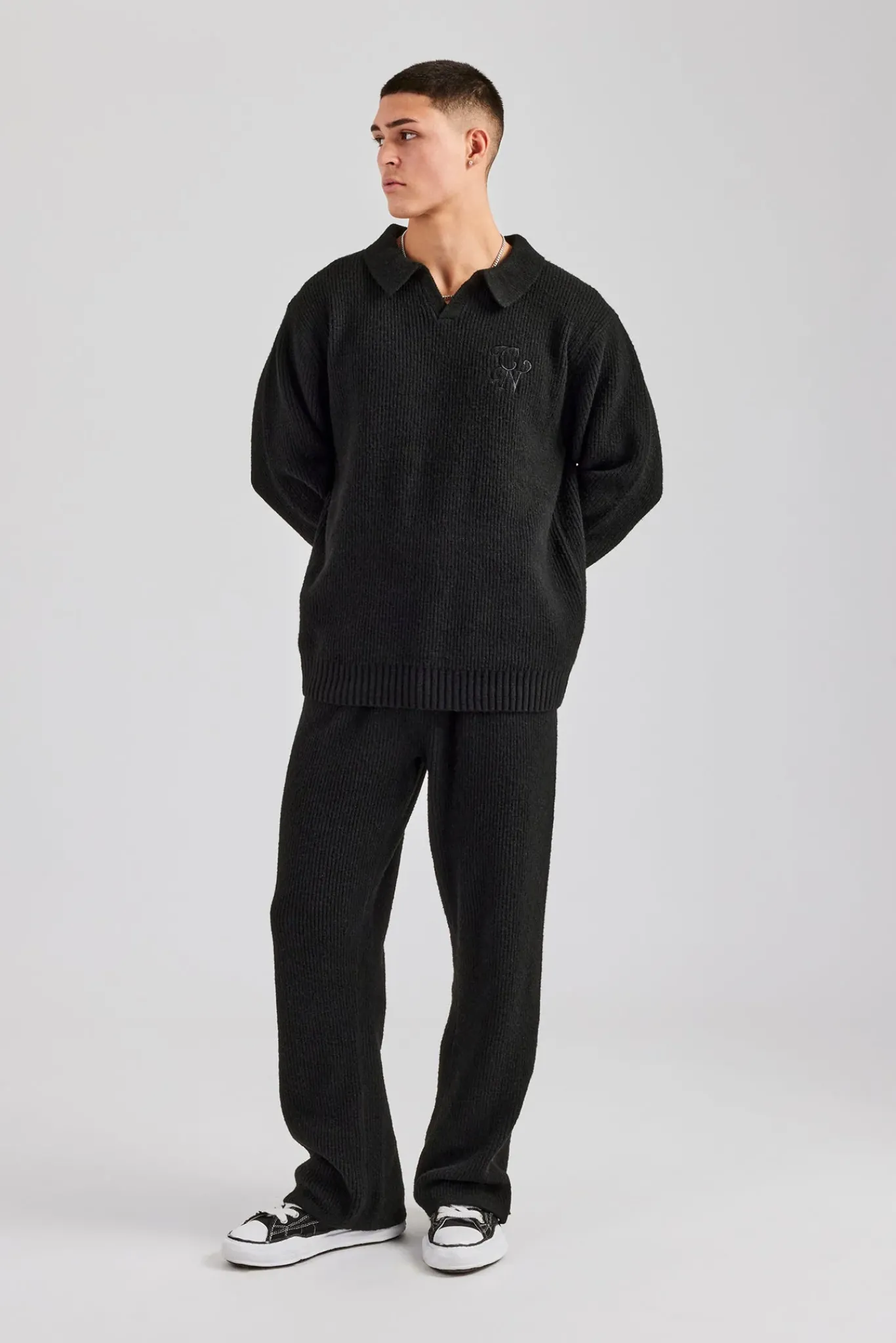 CLO-SET-KTW Knit Collared Sweat & Split Hem Jogger - Black