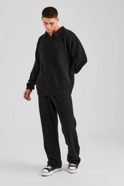 CLO-SET-KTW Knit Collared Sweat & Split Hem Jogger - Black