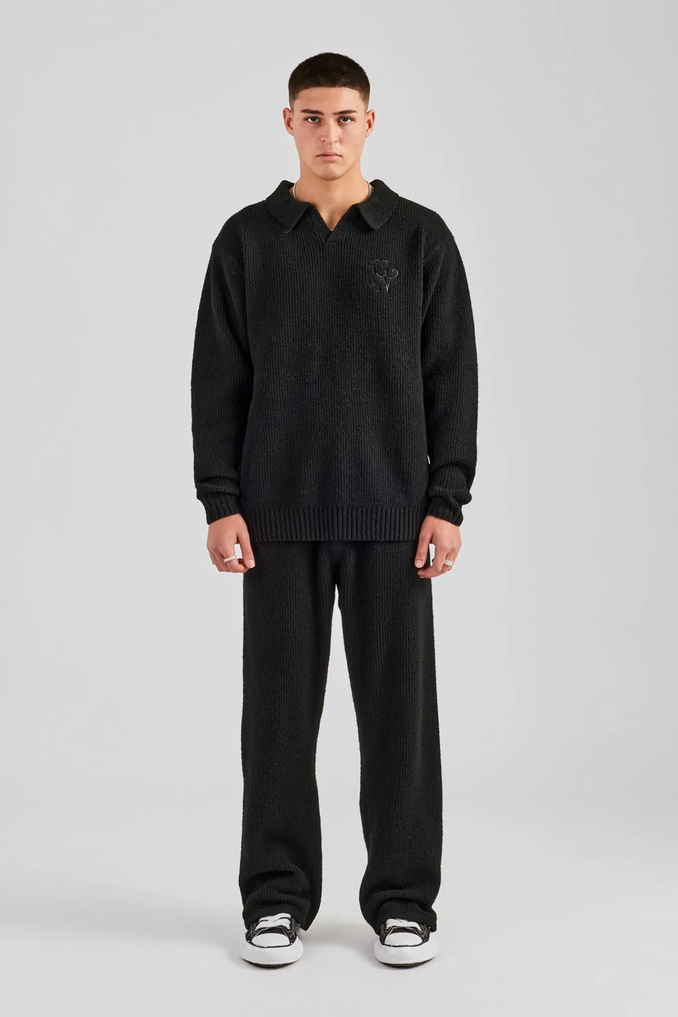 CLO-SET-KTW Knit Collared Sweat & Split Hem Jogger - Black