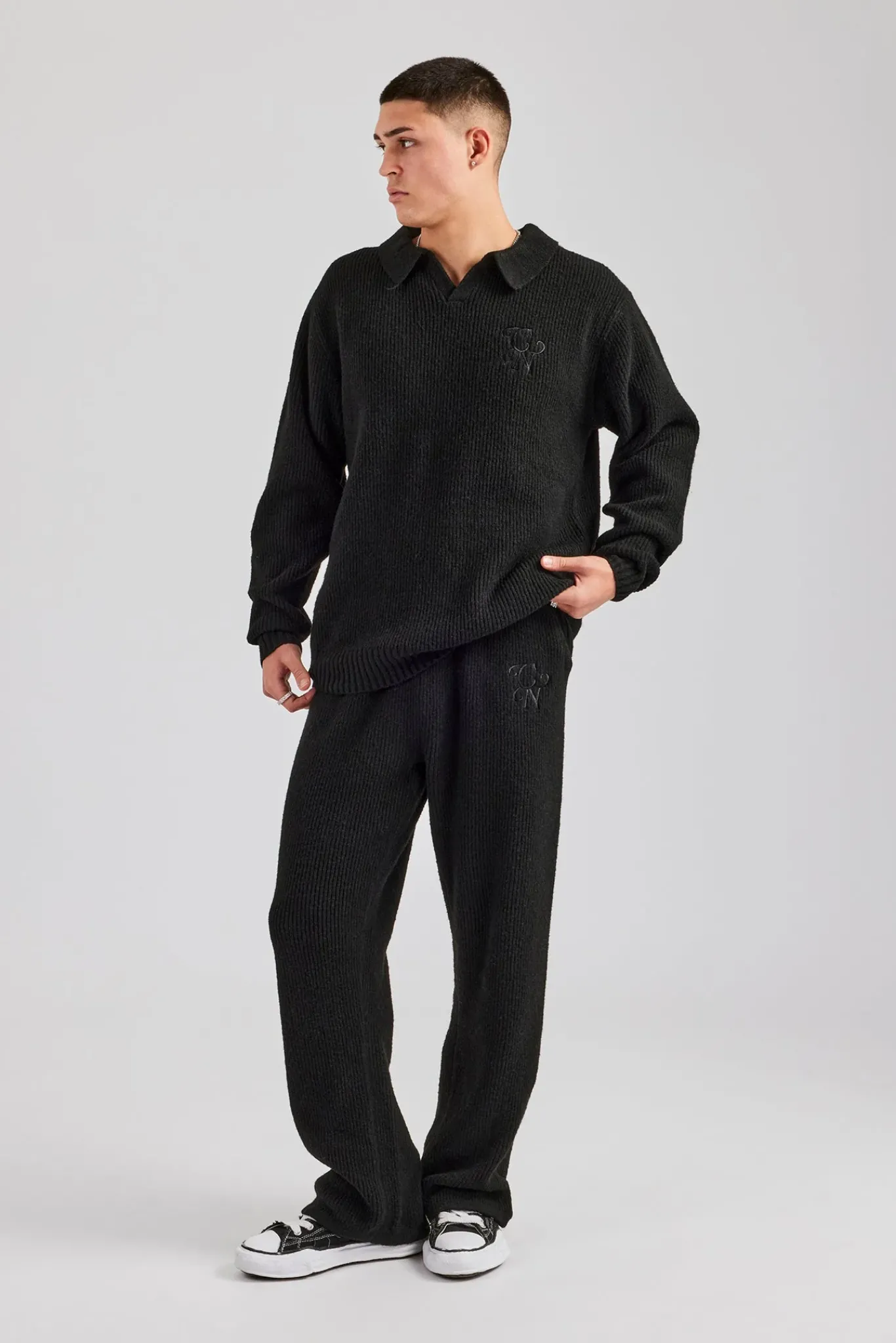 CLO-SET-KTW Knit Collared Sweat & Split Hem Jogger - Black