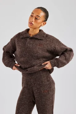 Women CLO-TOP-HS-SWE-KTW Knit Funnel Neck Sweater - Chocolate