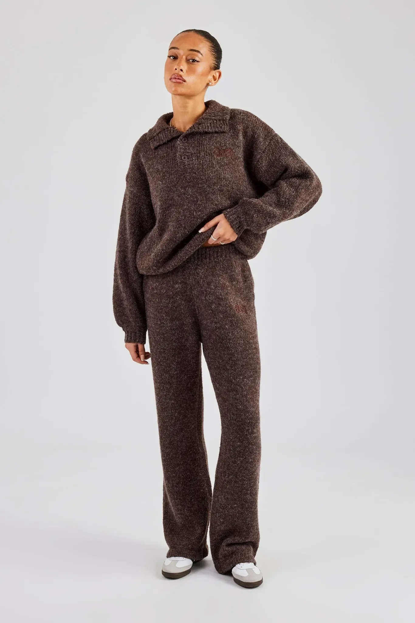 Women CLO-SET-KTW Knit Funnel Neck Tracksuit - Chocolate