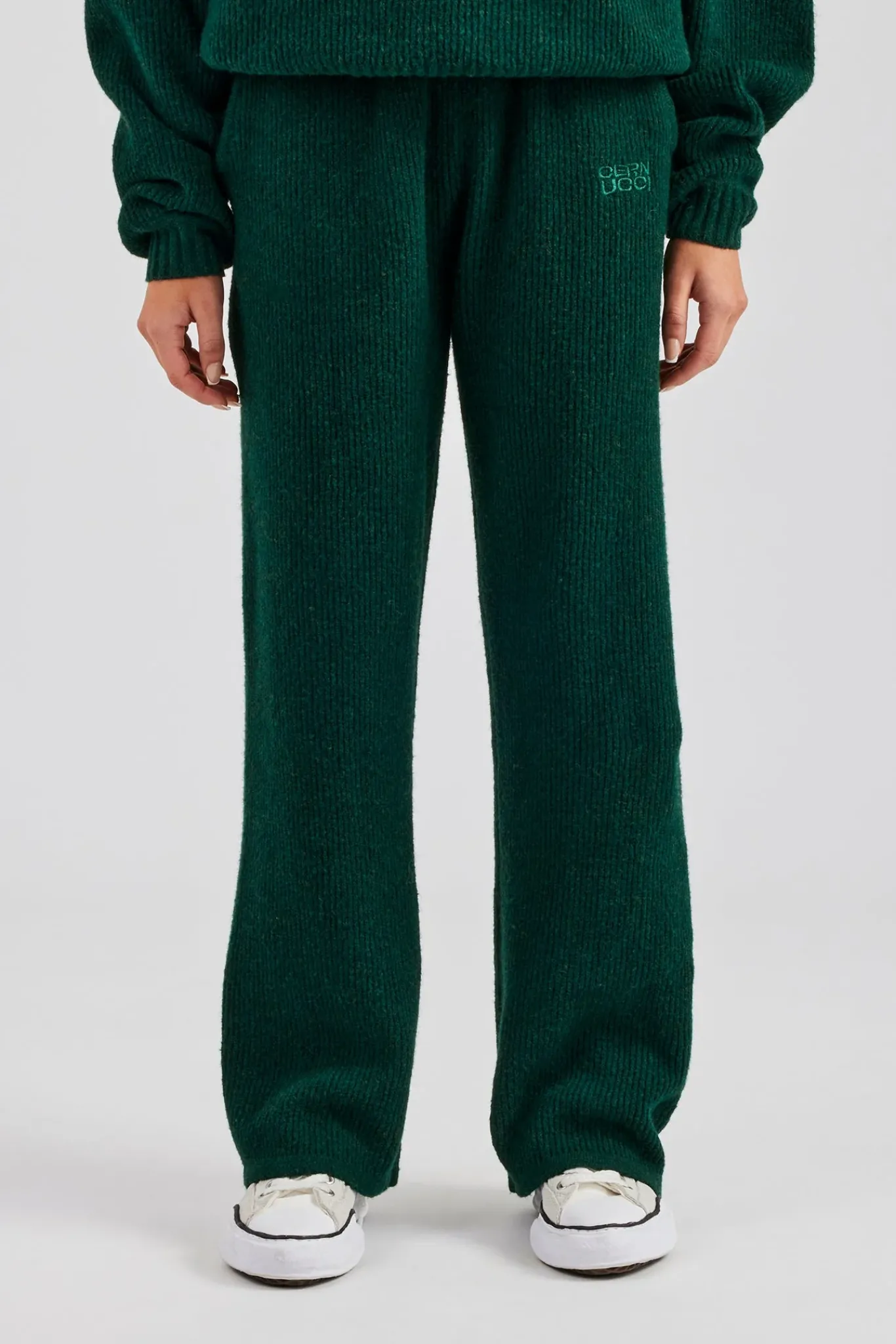 Women CLO-BOT-TRO-KTW Knit Wide Leg Embroidered Jogger - Forest Green