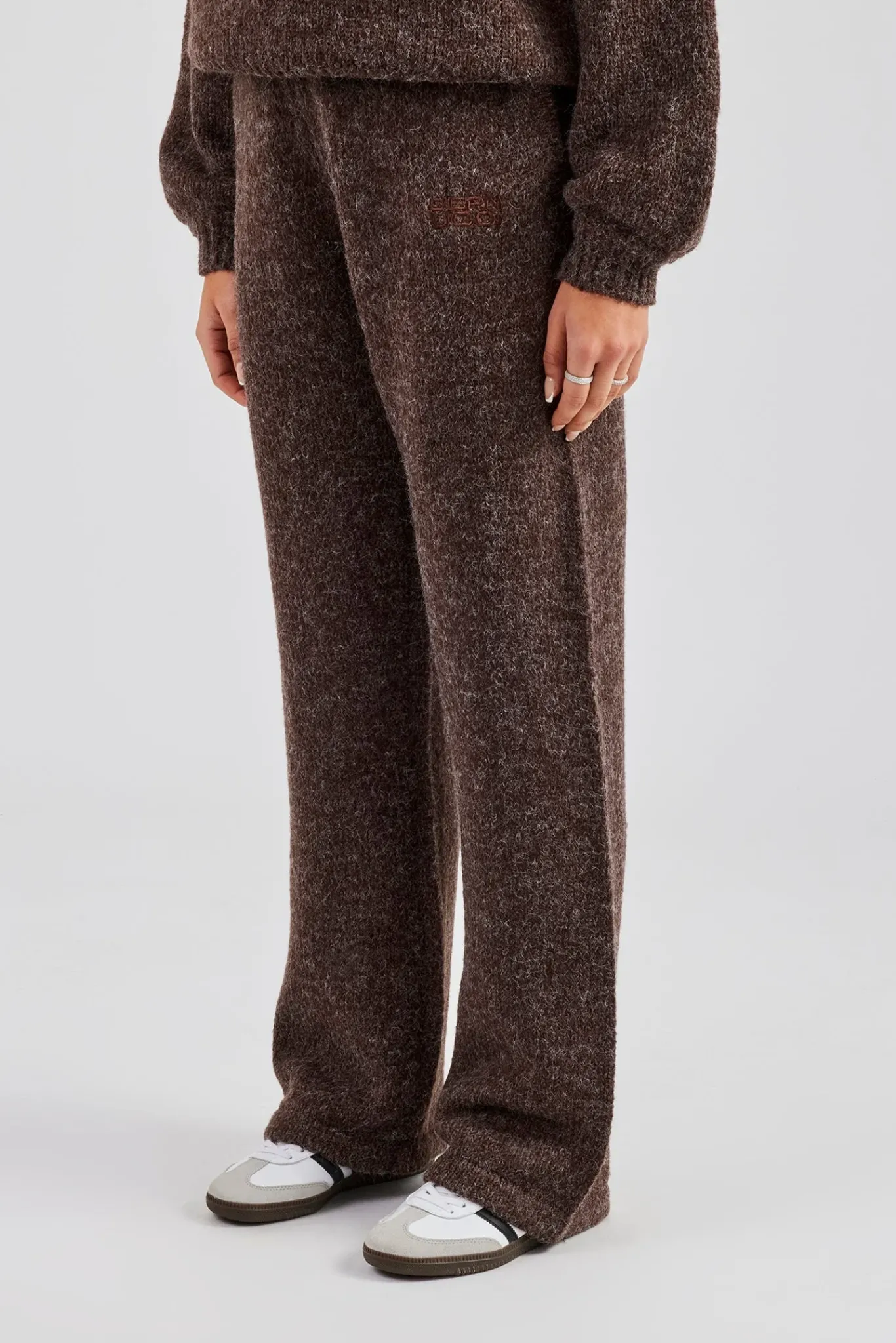 Women CLO-BOT-TRO-KTW Knit Wide Leg Embroidered Jogger - Chocolate