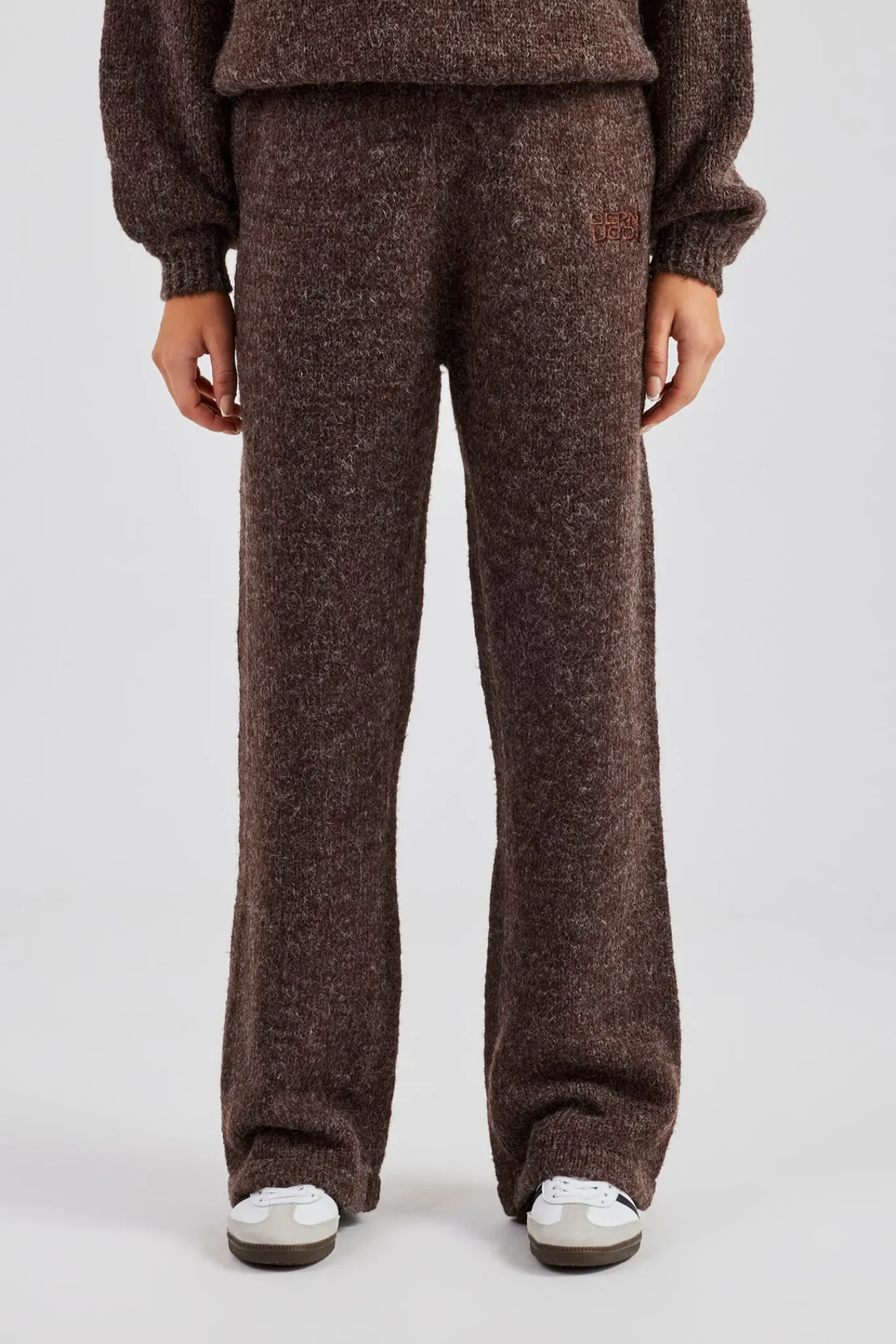 Women CLO-BOT-TRO-KTW Knit Wide Leg Embroidered Jogger - Chocolate