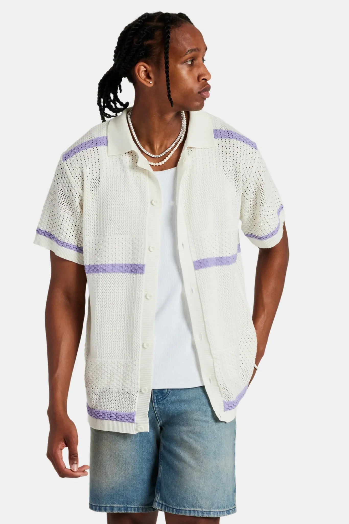 CLO-TOP-SHIR-KTW Knitted Button Front Shirt - Purple