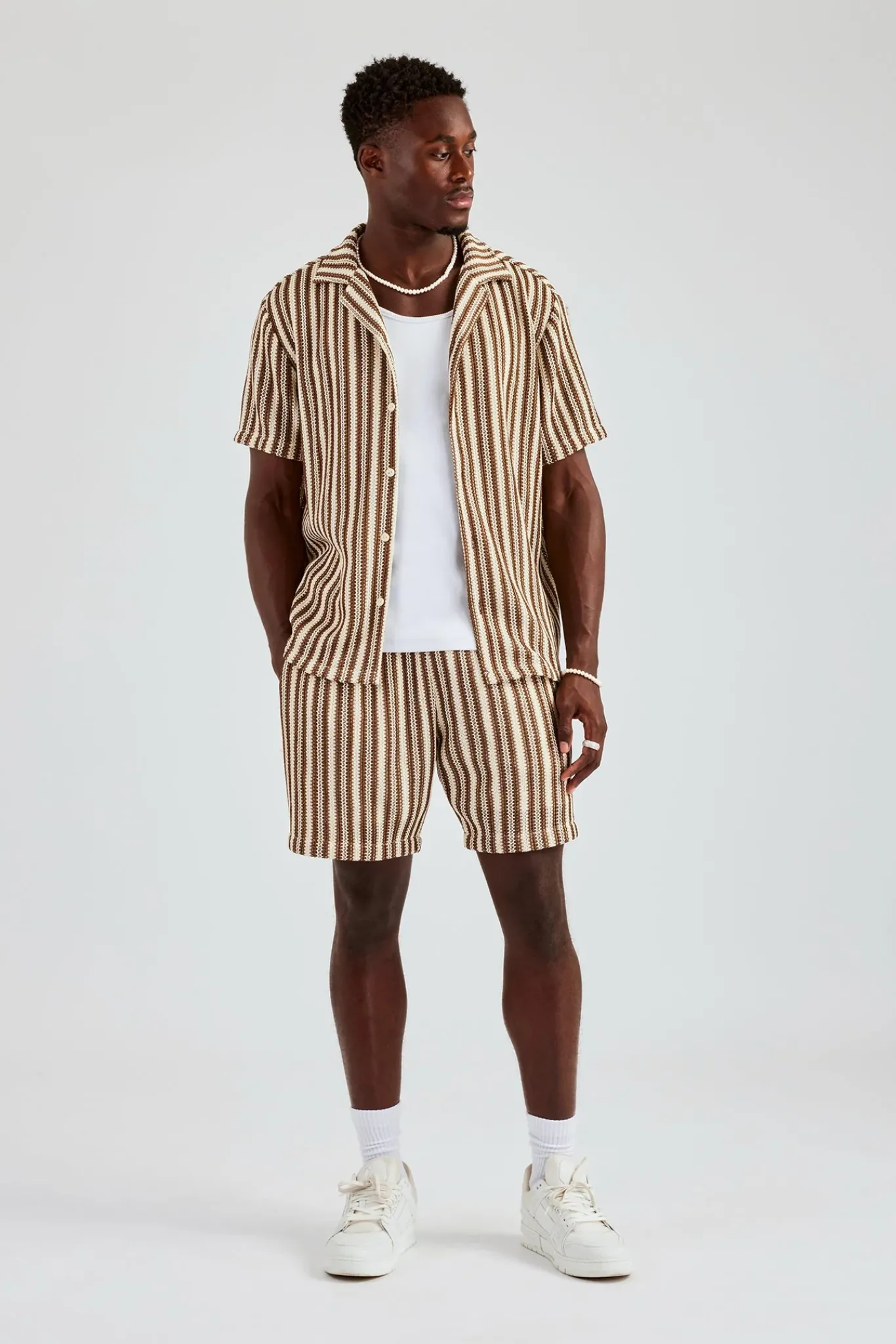 CLO-SET-KTW Knitted Contrast Stripe Revere Shirt & Short Set - Chocolate