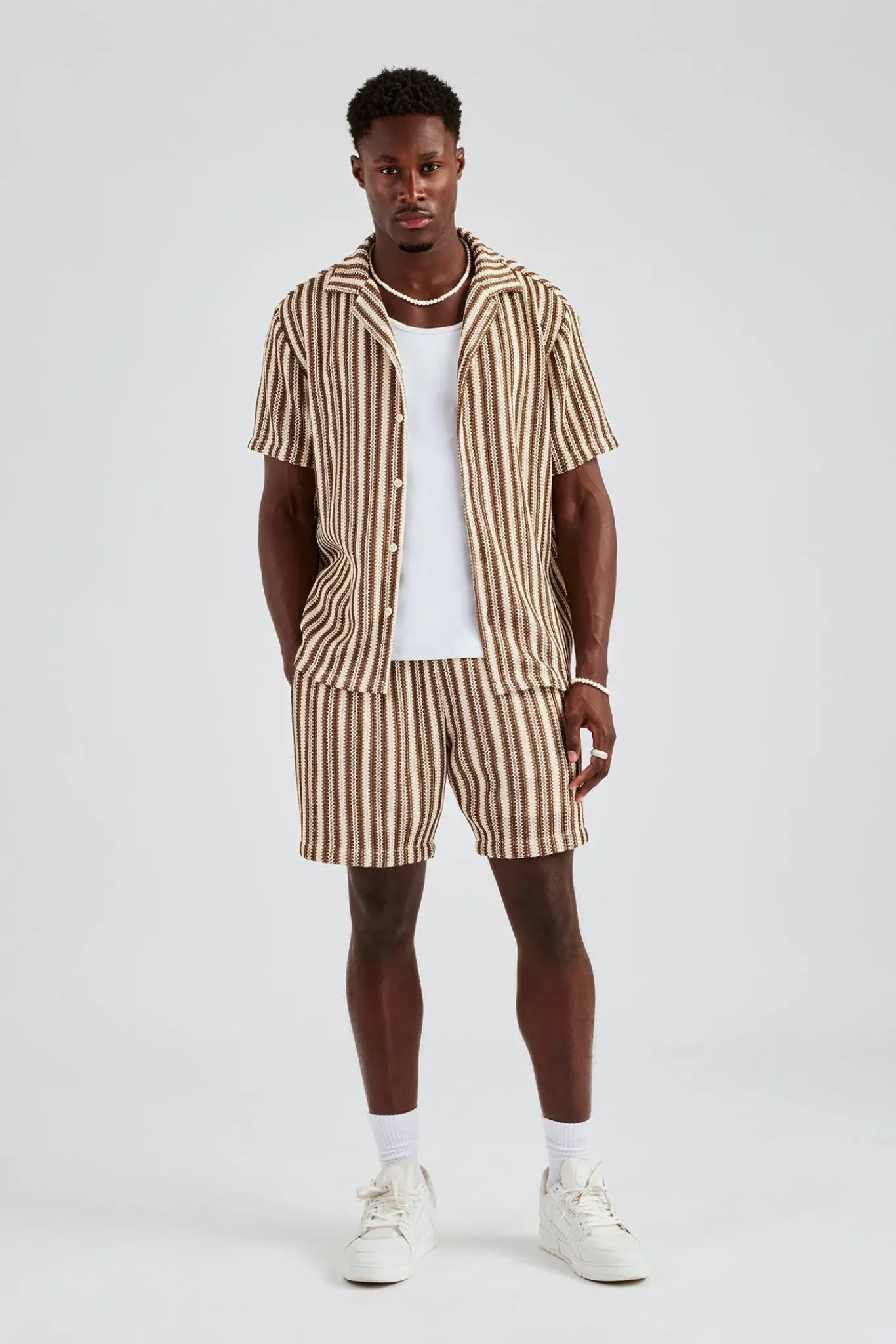 CLO-SET-KTW Knitted Contrast Stripe Revere Shirt & Short Set - Chocolate