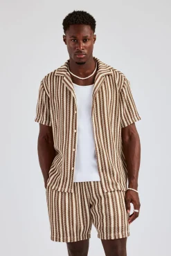 CLO-SET-KTW Knitted Contrast Stripe Revere Shirt & Short Set - Chocolate