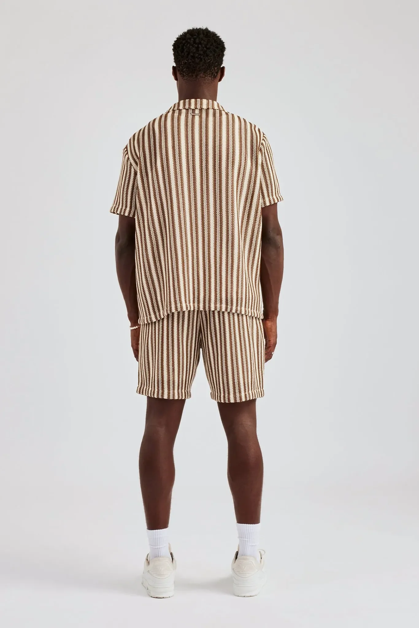 CLO-SET-KTW Knitted Contrast Stripe Revere Shirt & Short Set - Chocolate
