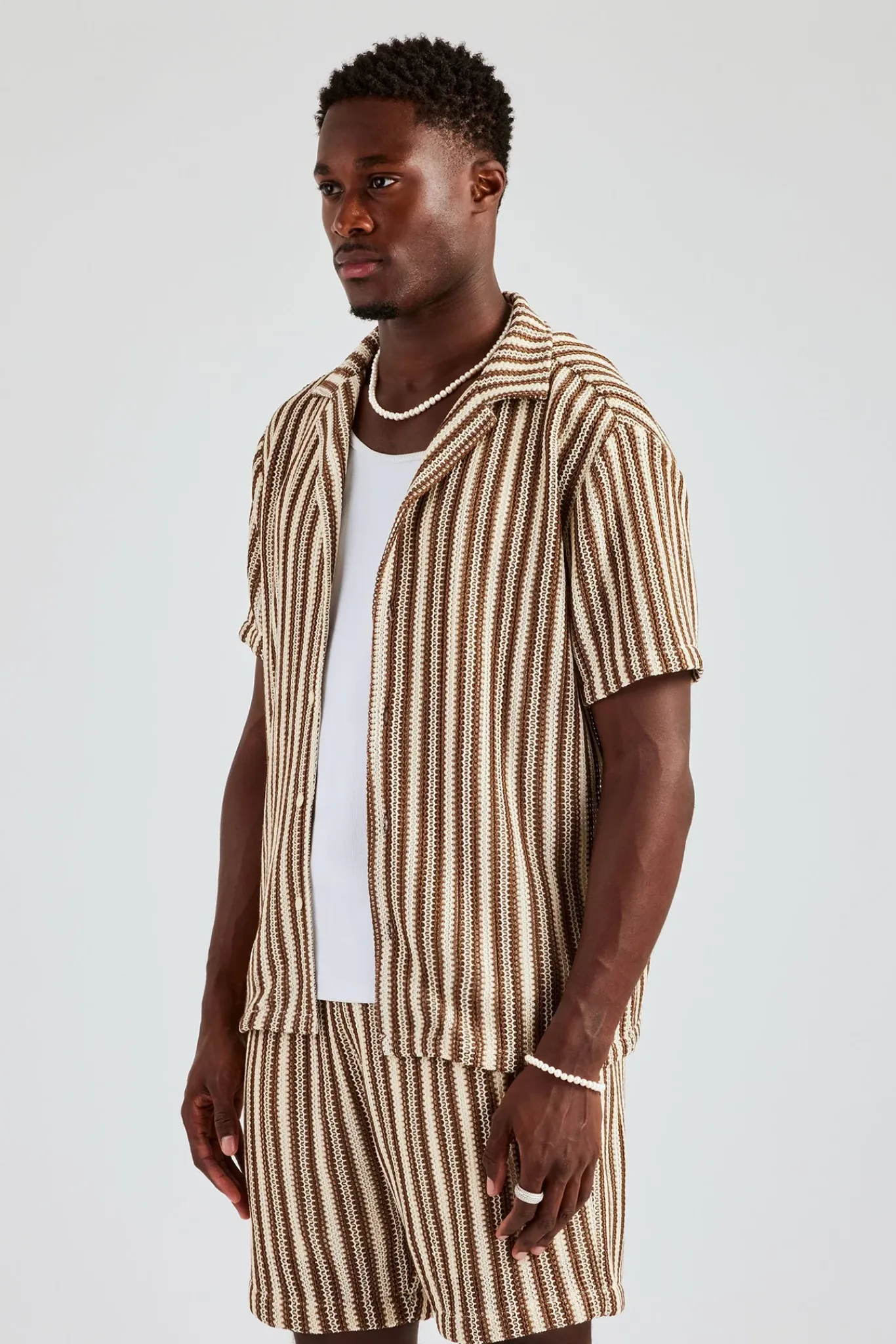 CLO-SET-KTW Knitted Contrast Stripe Revere Shirt & Short Set - Chocolate