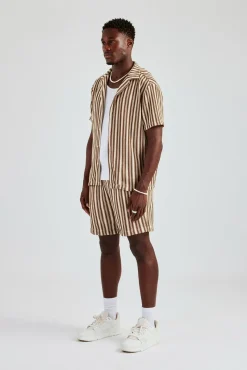 CLO-SET-KTW Knitted Contrast Stripe Revere Shirt & Short Set - Chocolate