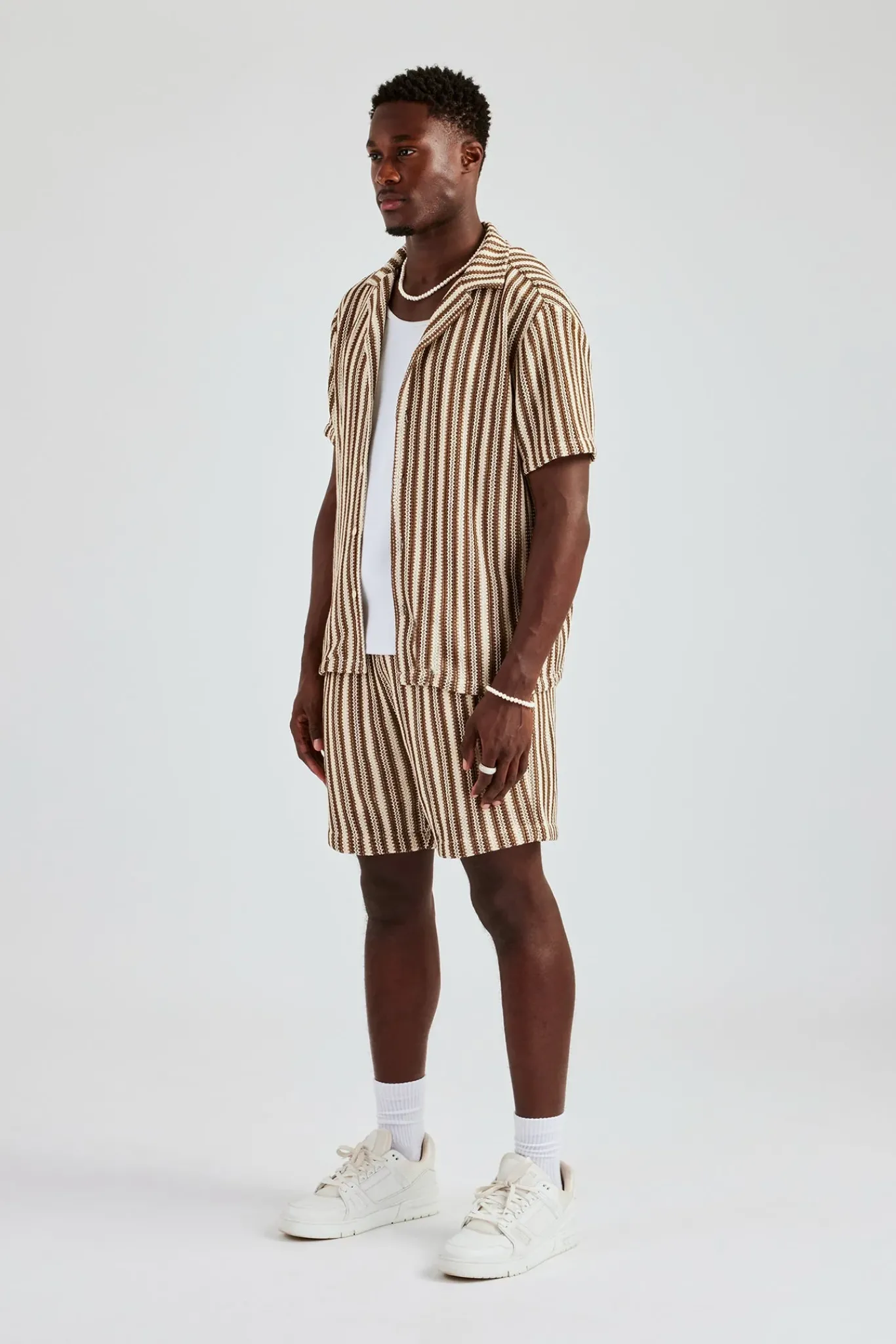 CLO-SET-KTW Knitted Contrast Stripe Revere Shirt & Short Set - Chocolate