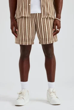 CLO-SET-KTW Knitted Contrast Stripe Revere Shirt & Short Set - Chocolate